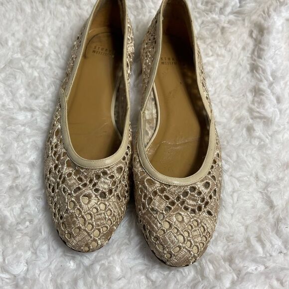 Stuart Weitzman Lace embroidery Beige slip on flats beige leather trim SZ10 - Picture 2 of 8